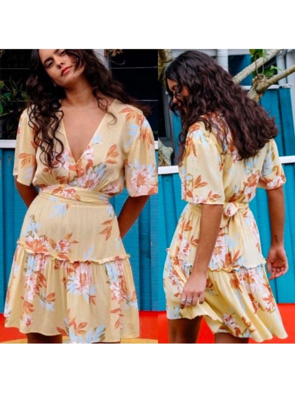 Billabong | One And Only Wrap Dress Butter Yellow Hawaiian Floral Mini New Small